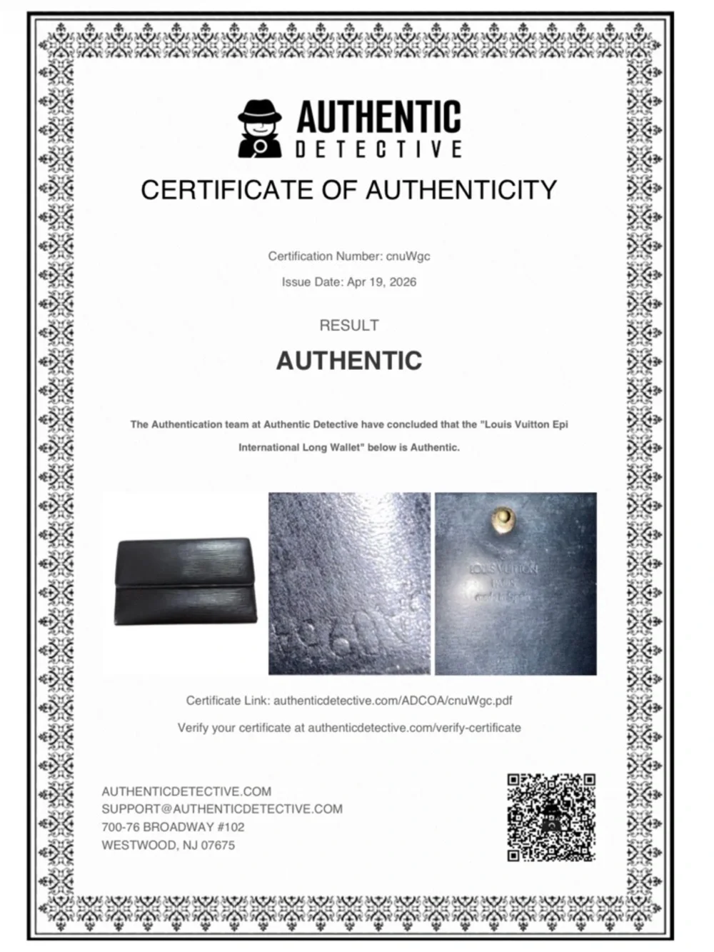 Louis Vuitton Black Epi Leather International Wallet w/ COA